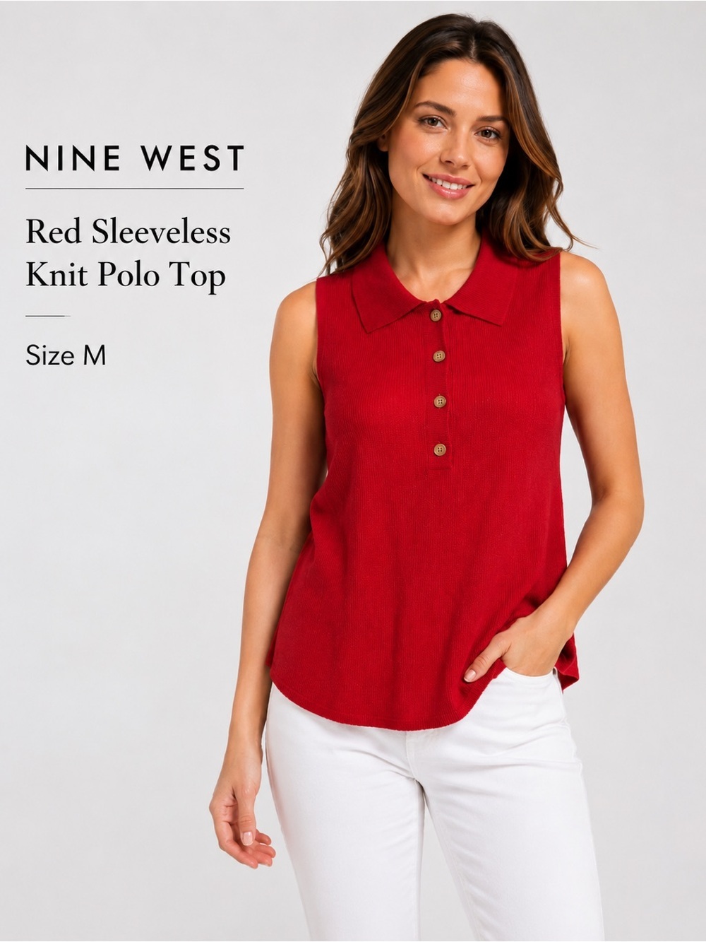 Nine West Red Sleeveless Knit Polo Top Size M